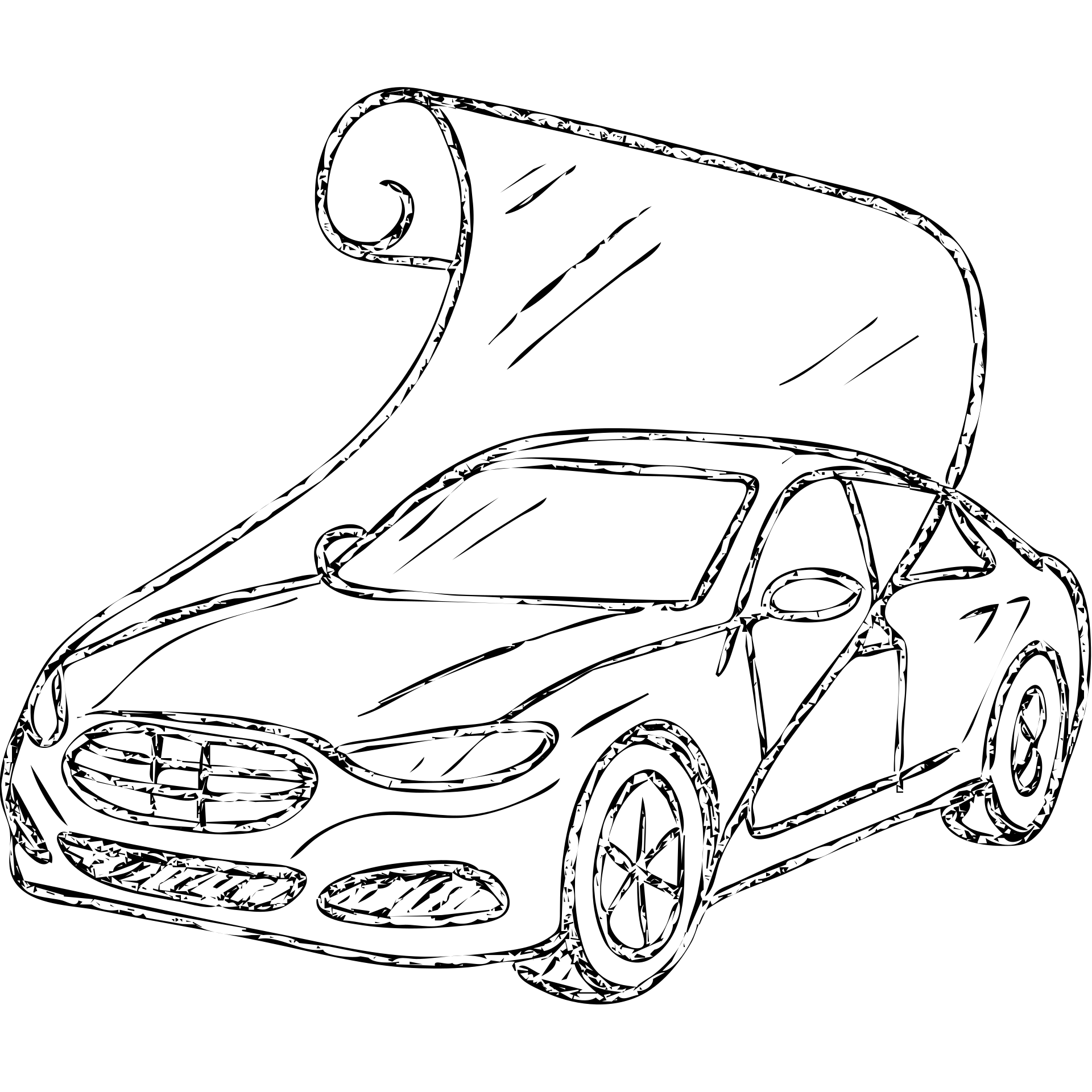 hand-drawn outlined icon of a high-end glossy black car, partially covered by a transparent rolled film, curved effect for adhesion, clean and modern emoji