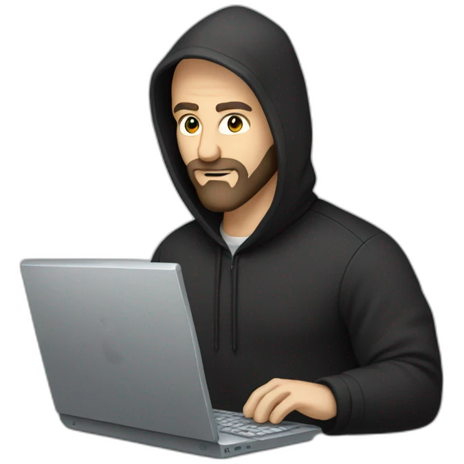 bald white man with a black beard typing on apple computer wearing a black hoodie emoji