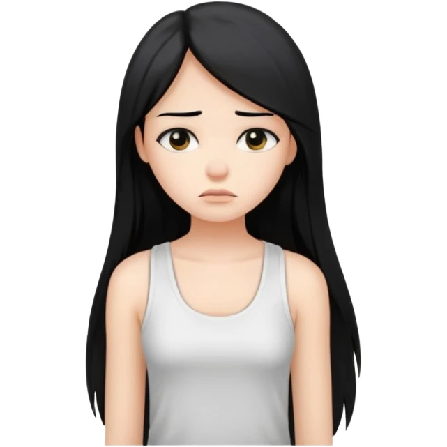 a pretty bratz fair girl with long straight black hair  with a white tank top slightly sad emoji