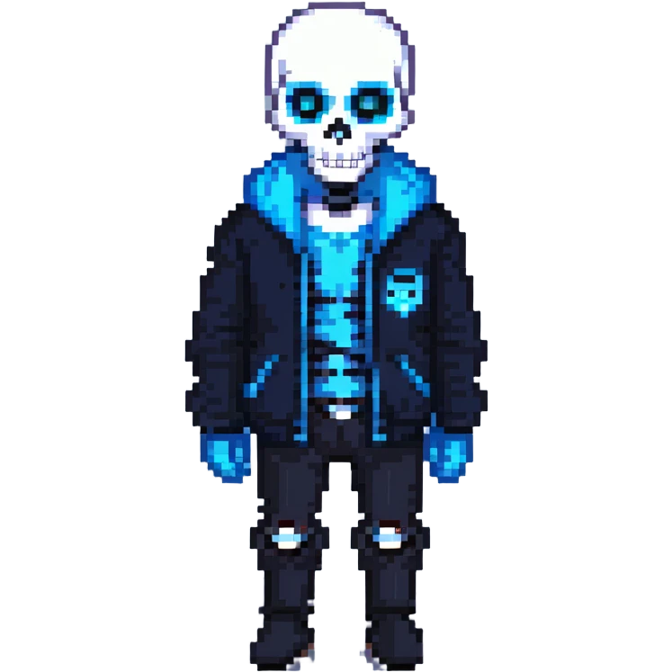 Sans skeleton character from Undertale with blue jacket and glowing blue eye emoji