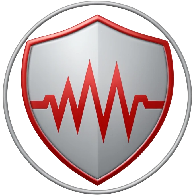 Minimalist medical technology logo. White background. A clean circular shield shape in light gray. Inside the shield — a sharp red signal line forming abstract letters “AI”, resembling a medical alert waveform but not a classic ECG.  emoji