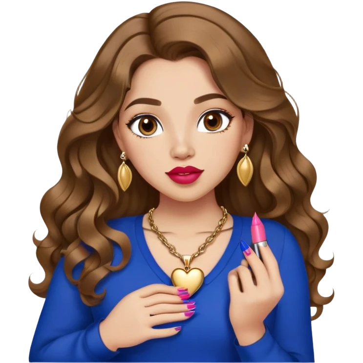 Light skinned girl, long wavy brown hair center-part with face framing pieces, big hazel eyes, gold heart necklace and earrings, royal blue long sleeve top, prominent blush, sassy, big lips, fancy long acrylic nails done, holding lipstick. She is curvy emoji