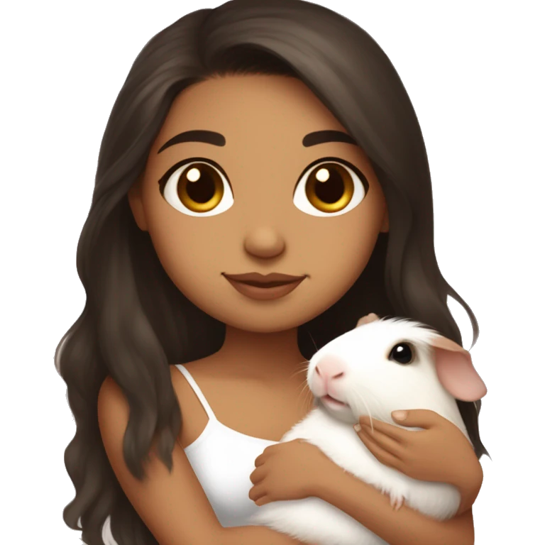 a Latina girl with long dark brown hair and light skin wearing a white tube top shirt snuggling a baby guinea pig emoji