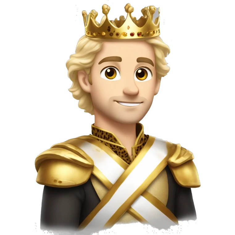 1 young handsome white king with flowing dirty blonde hair, hazel eyes, stubble, a gold crown with a cheetah print sash emoji