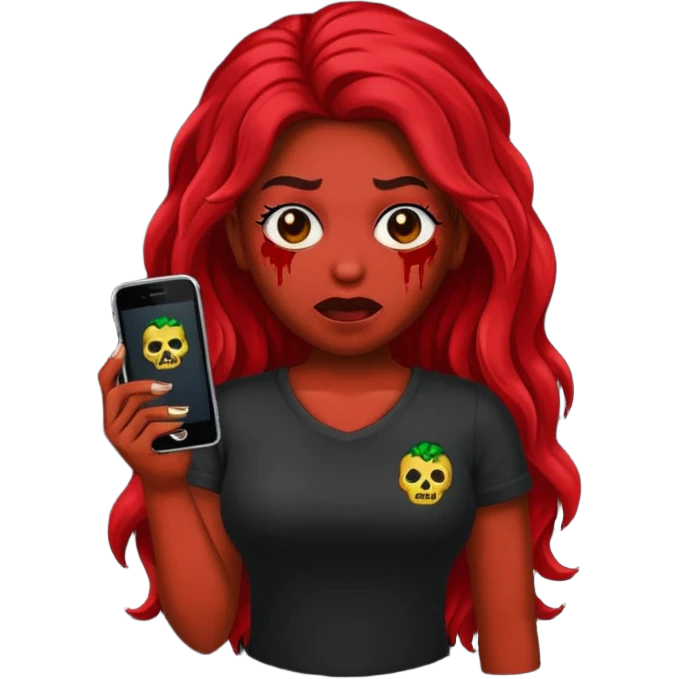 Faça me um emoji de um zumbi mulher de cabelos vermelho escuro longos ondulado usando uma blusa preta, faça no estilo iphone emoji