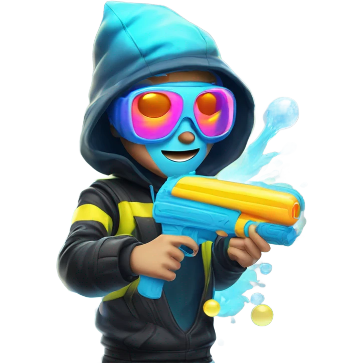Caucasian boy in glowing rave outfit with mask, sunglasses, and headgear, shooting bubbles out of a water gun emoji