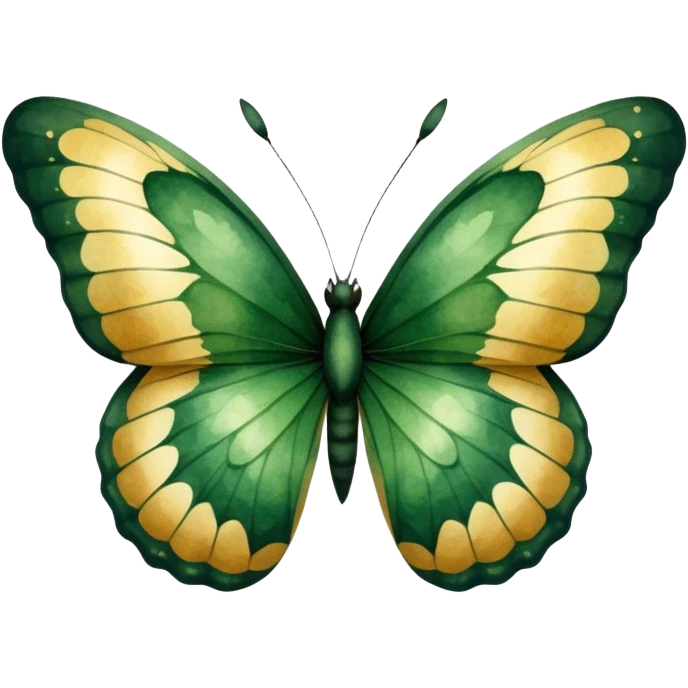 A bold, dark green butterfly with textured watercolor wings resembling leaves, blending natural elements with organic patterns. The wings have tiny golden flecks, adding a touch of elegance to the soft, earthy-toned background.
 emoji