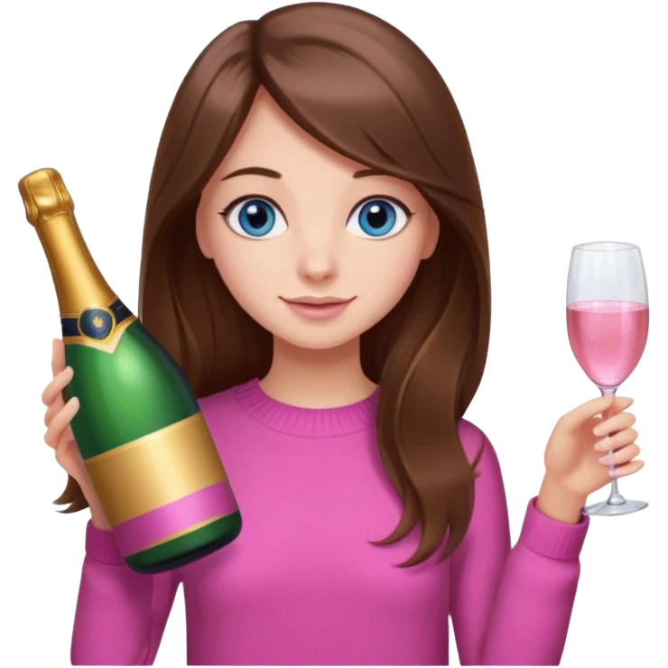 girl with long brown hair, pink sweater and blue eyes with bottle of pink champagne emoji