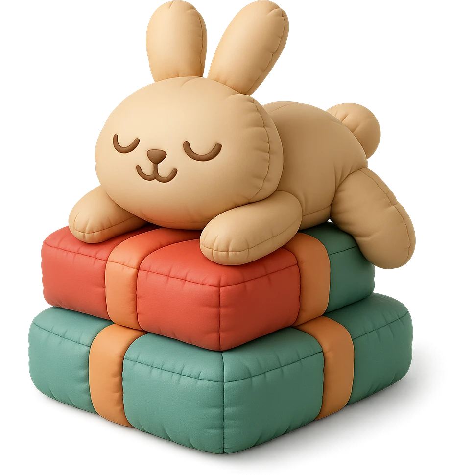 bunny lying on birthday gifts, sleepy and happy smile eyes, cushion style emoji