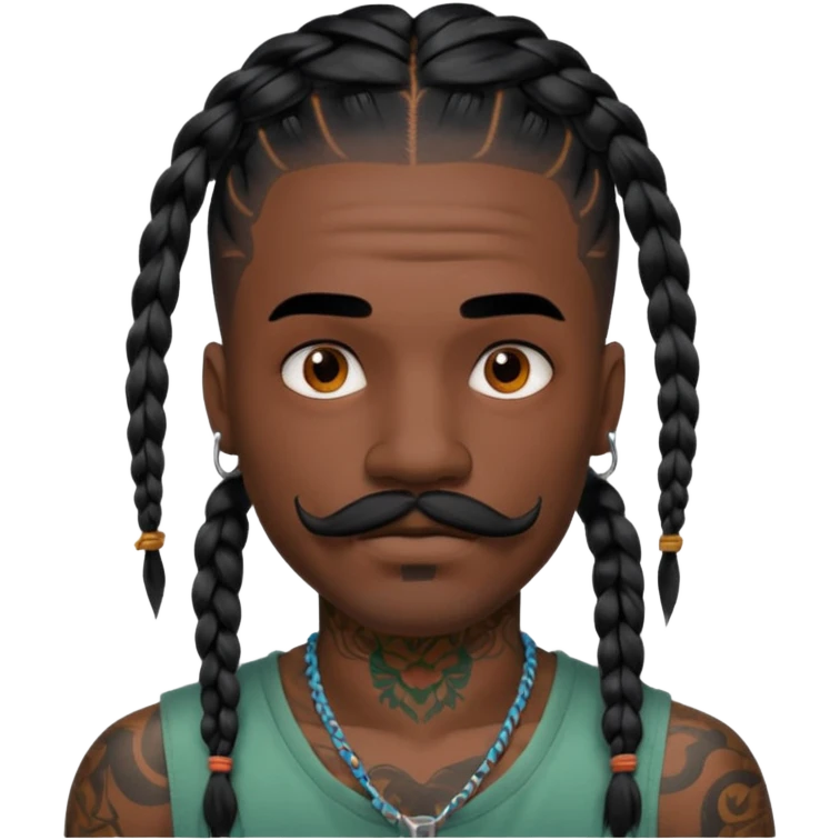 big lose braids starting from the top of the head man with mustache face wiith big visible loose only two braids and lots and lots of colored face tattoos colored tattoos like a tattoo artist hair unique color emoji