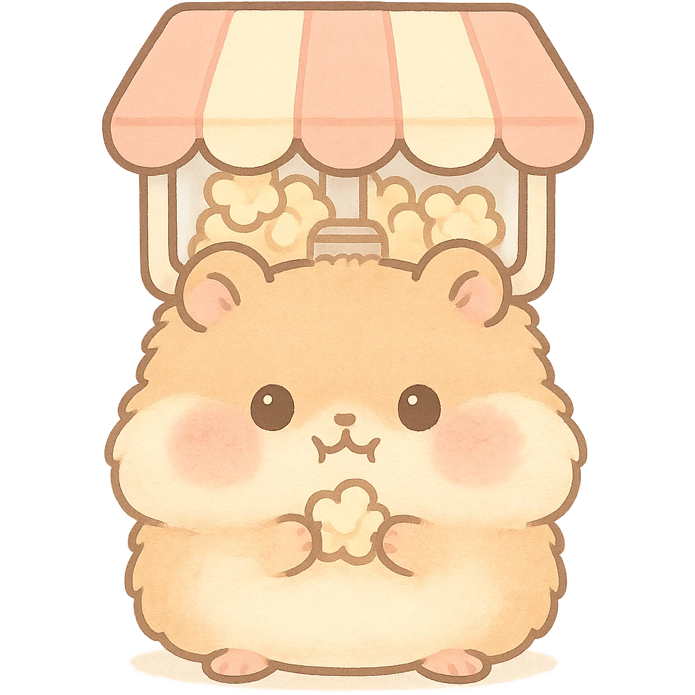 kawaii style soft fluffy hamster as a popcorn machine, puffed cheeks, holding popcorn, soft pastel palette, full-body emoji