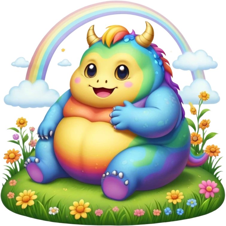 Kawaii derpy fat rainbow monster sitting in a magic field, rich textures, visually detailed, so lifelike that it feels like it could leap off the page at any moment emoji