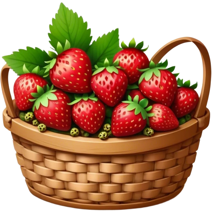 Cinematic ripe strawberrie, deep red, glossy with tiny seeds, green leaves still attached, gathered in a rustic basket, warm glowing background, fresh and sweet. emoji