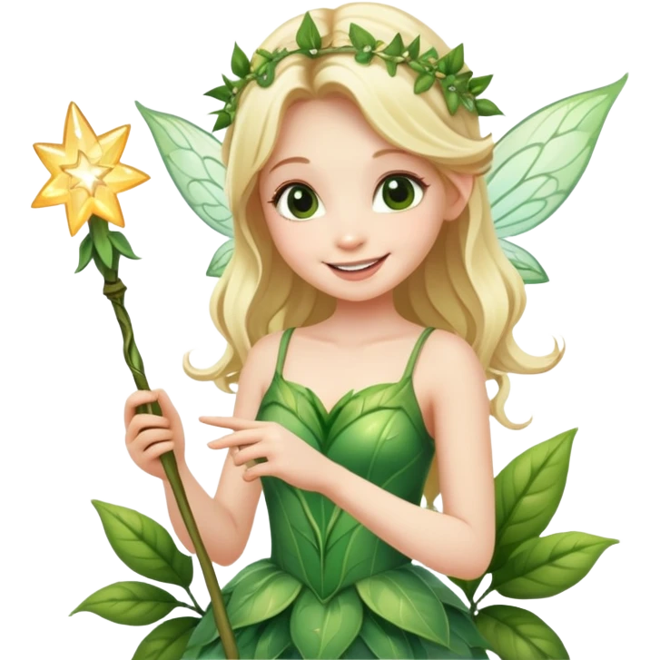 blonde fairy in plant dress with magic wand smiling  emoji