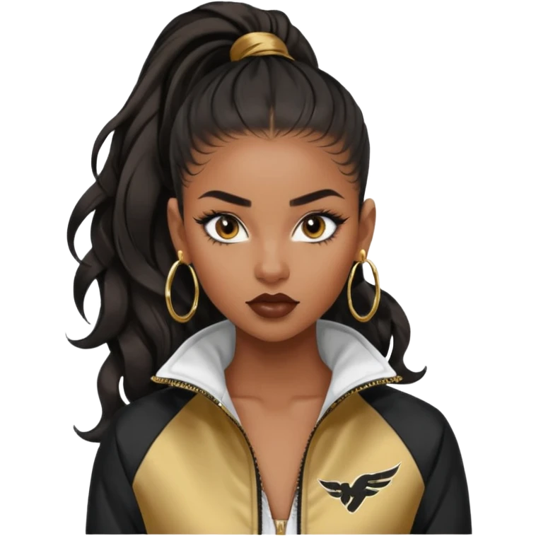“black Emoji girl, fierce confident expression, sharp black winged eyeliner, bold brows, matte nude lips, long curled lashes, sleek high ponytail, gold hoop earrings, sporty streetwear jacket.” emoji