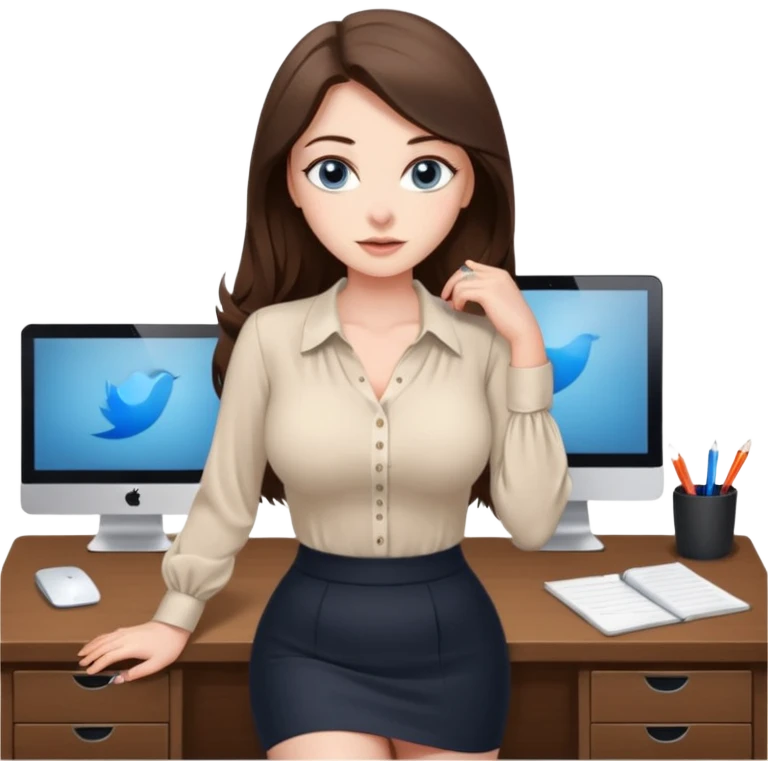sexy woman brunette, very large breasts, pale skin, blue eyes, long brown hair, tight white blouse, short black skirt. at desk emoji