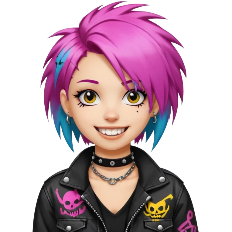 a punk girl with neck-length dyed hair and wear a punk graffiti jacket with black choker grin playfully  emoji