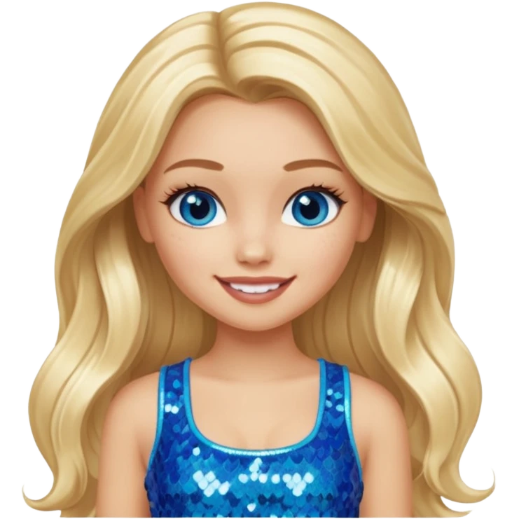 Cloe from Bratz with long light blonde hair, light skin, blue eyes, blue sequin crop top emoji