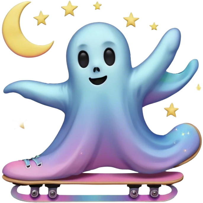 ghost skating under a pastel moon and stars emoji