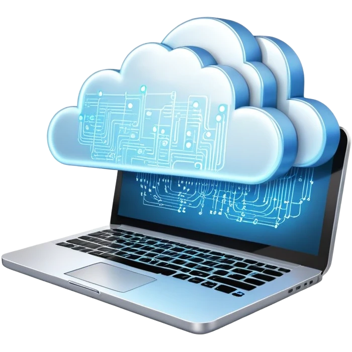 An icon featuring a glowing laptop, cloud network, and flowing binary code, symbolizing information technology. The design includes data servers, a circuit pattern, and digital connections, representing software, networking, and innovation. Transparent background  emoji