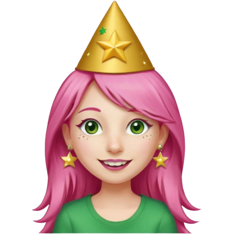A girl with long pink hair and green eyes with long eyelashes and a smiley face. She has freckles and a lit of bit of pink lipstick on her mouth, she’s also got a full gold birthday party hat on her head with gold pom poms on top of it, and her T-shirt is all red, she wore gold star earrings  emoji