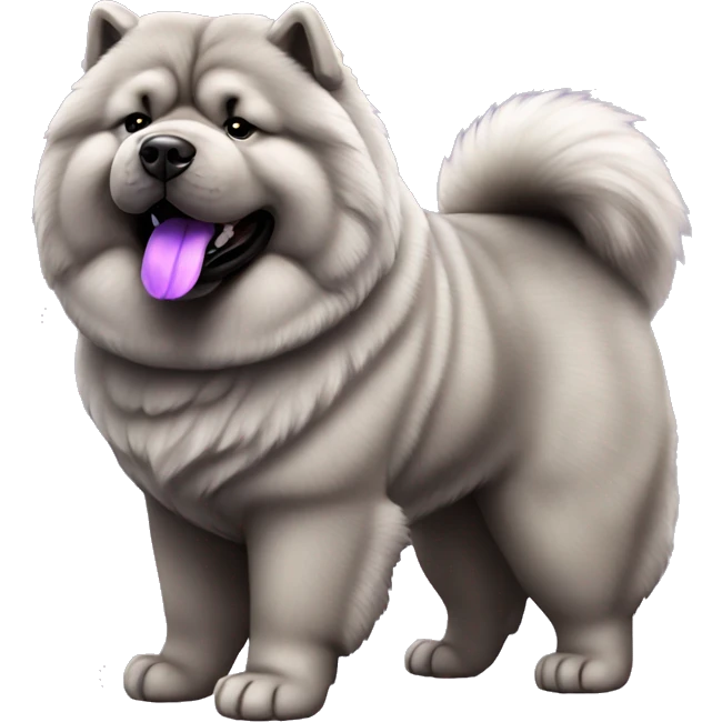 Full body gray Chow chow with purple tongue, photorealistic 4k emoji