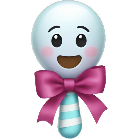 Baby rattle toy with a ribbon wrapped around the middle with no facial features present.  emoji