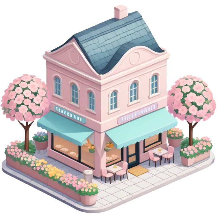 isometric exterior little pastel restaurant with abundant florals everywhere emoji