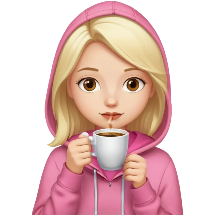 Girl with light blonde hair, pink hoodie, drinking espresso emoji