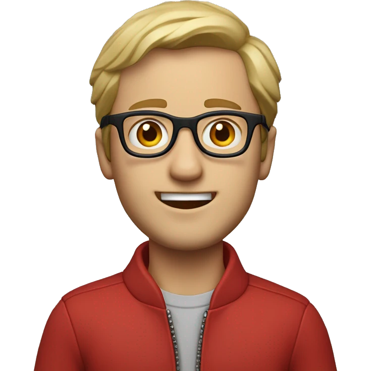 caucasian man, wearing glasses, small ear ring in the left ear, a little smile and a red jacket with ziper emoji