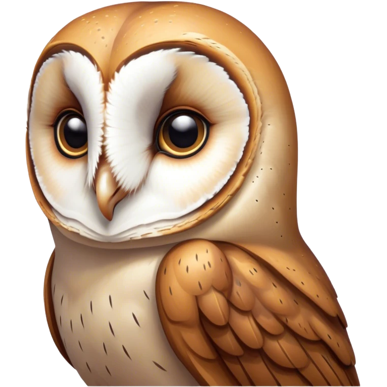 Cinematic Deep Thought Barn Owl Portrait Emoji, Head held high with a serene, contemplative gaze, showcasing its beautifully patterned plumage of white and brown, with eyes deeply focused as if pondering ancient secrets, Simplified yet majestically refined features, highly detailed, glowing with a soft, introspective light, high shine, poised and pensive, stylized with an air of profound wisdom, capturing the essence of an owl immersed in deep thought, so thoughtful it feels like it could silently whisper timeless wisdom from beyond the screen! emoji