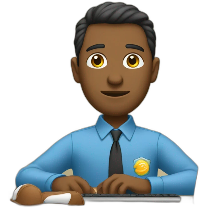 Un chico sentado en un escritorio junto a una PC  emoji