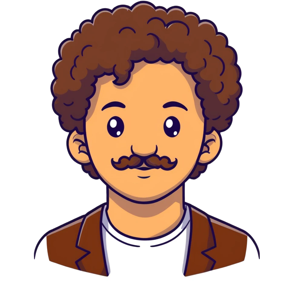 white guy with brown hair and a slight mustache with brown eyes and earrings and fluffy curly hair emoji