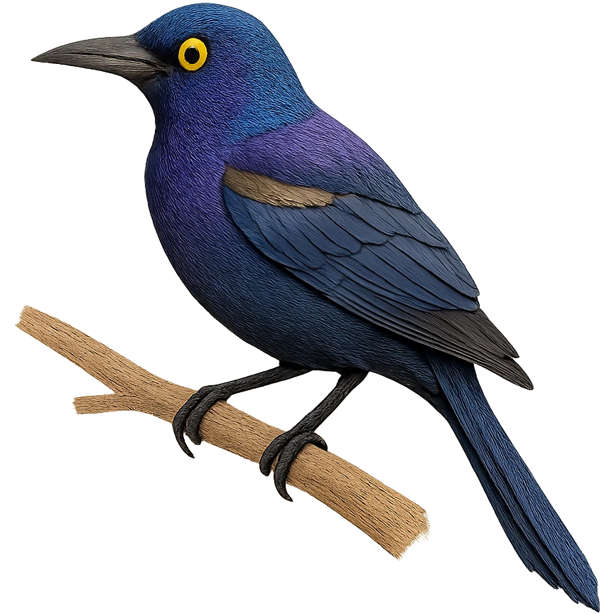 very detailed common grackle perched on a tree branch, intricate cut paper textures, iridescent blue and purple feathers, yellow eye, realistic markings emoji