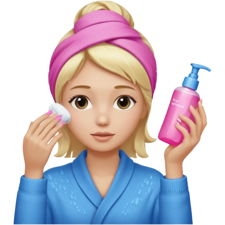 A girl grabbing a pink serum with a towel in blonde hair with a white shower towel in her hair with skincare on her face dressed in a blue sweater emoji