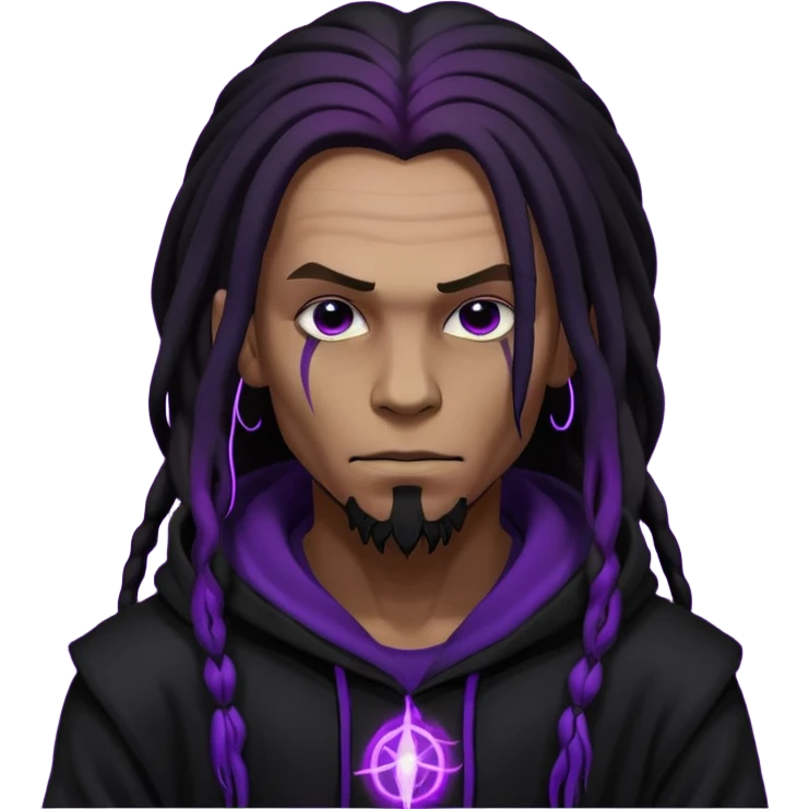mysterious man with black hoodie and long black dread locks, evil purple aura energy around him emoji
