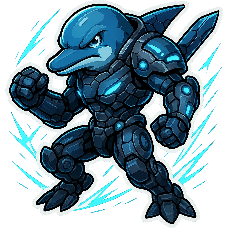futuristic dolphin warrior, mechanical armor, blue light effects, cool action pose, suitable for digital sticker emoji