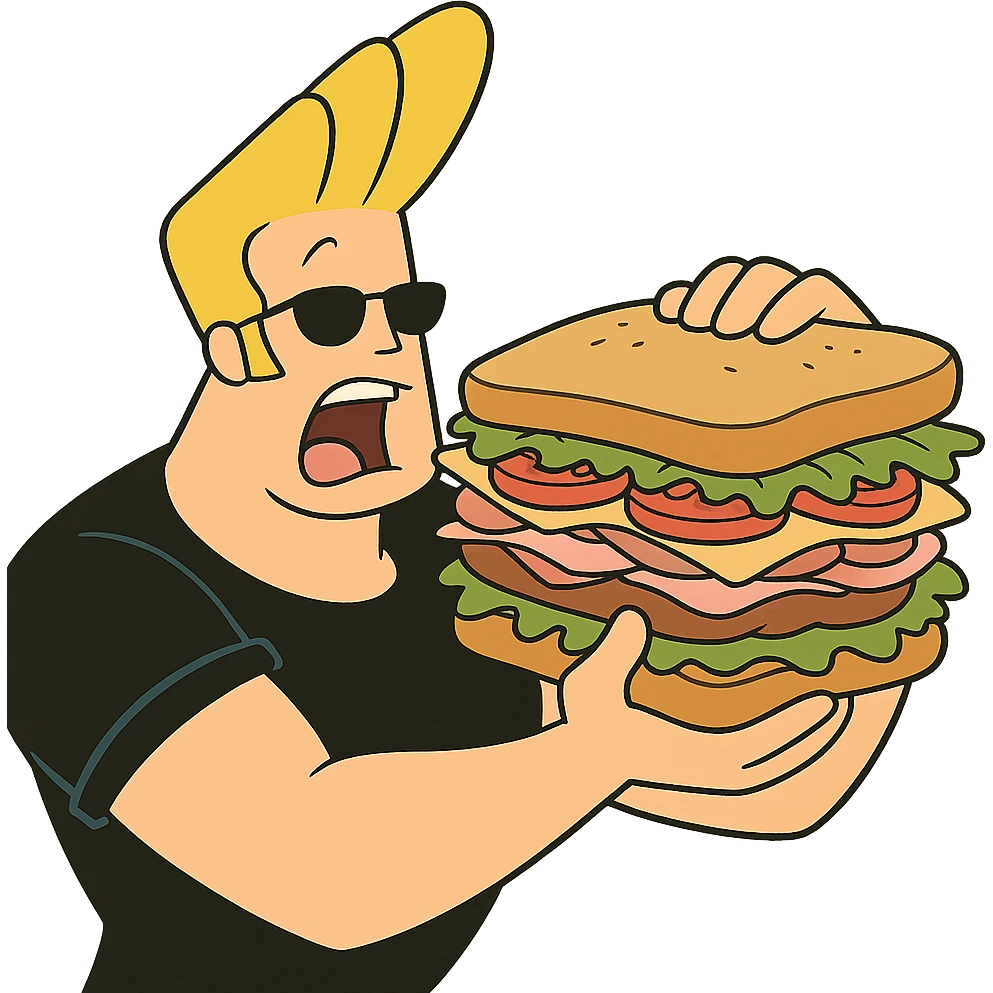johnny bravo cartoon character, eating a giant sandwich, cartoon style emoji