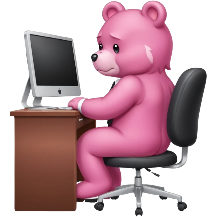 Pink Care bear sad in suit back view, sit on a chair, working on a computer, with a big desk emoji