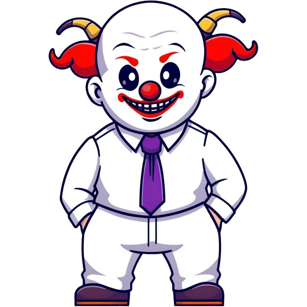 full-body demonic clown in a white leisure suit with bellbottom pants, bald, black ram horns, elevator shoes, flashy belt, ruffled shirt, colorful tie emoji