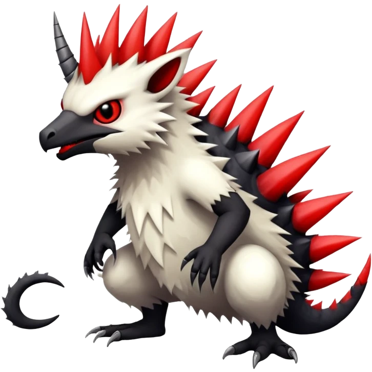 a white exotic edgy vernid-fionbr-Fakémon-creature, with black belly and red eyes, full body emoji