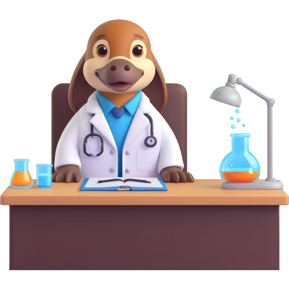 platypus scientist in a white lab coat, sitting at a desk emoji