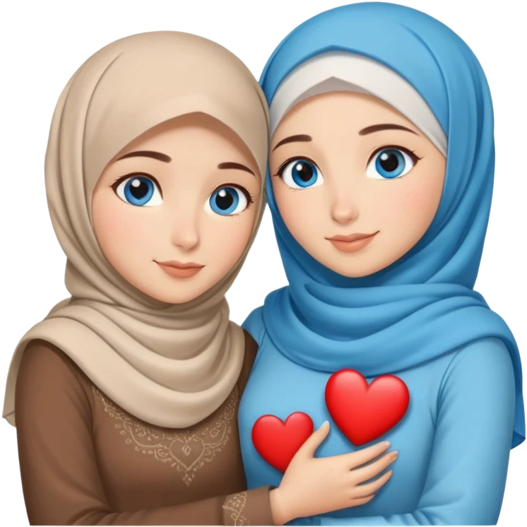 Two Turkish beautiful finish Konya friendly girls blue eyes with hijab and heart dress and hugs  emoji