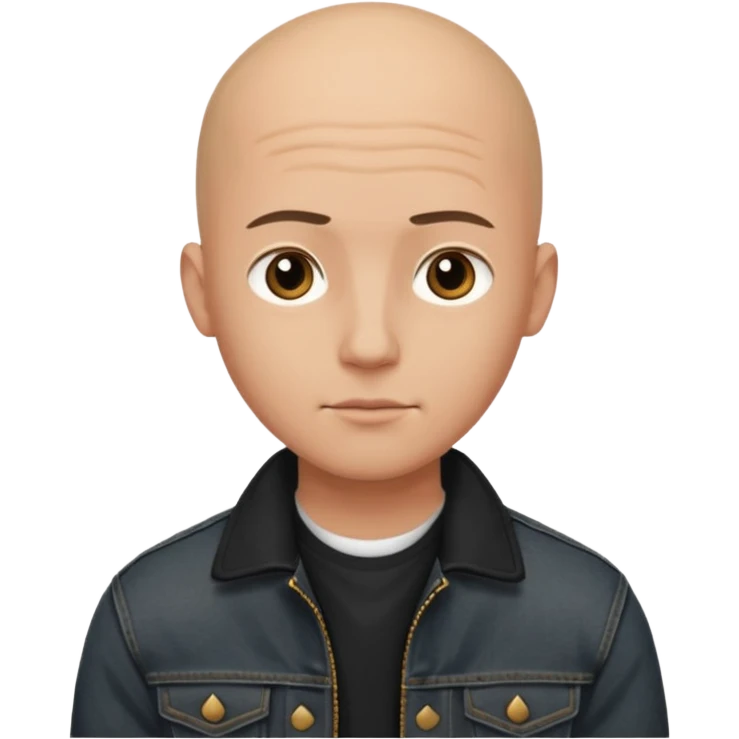 a young man with bald head, black jeans jacket, plain forehead emoji