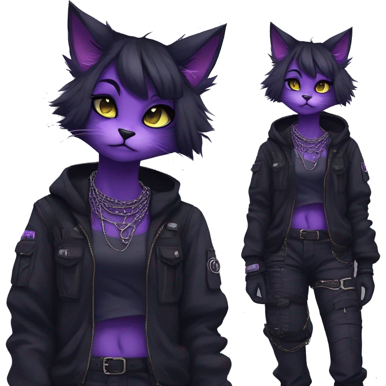 Gorgeous furry gothic dark techwear anime style anthro black cat furry sona Fakemon with blushing face aesthetic and pretty edgy black with violet collar and harness trending style chains cargo pants tomboy emoji