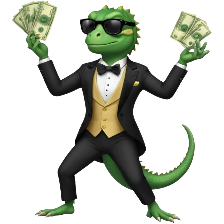 capitalist iguana banker in tuxedo and black sunglasses dancing crazy with money emoji