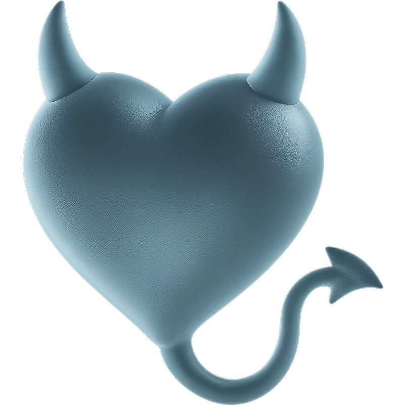 stylized devil heart with frosted matte glass texture, featuring horns and tail emoji