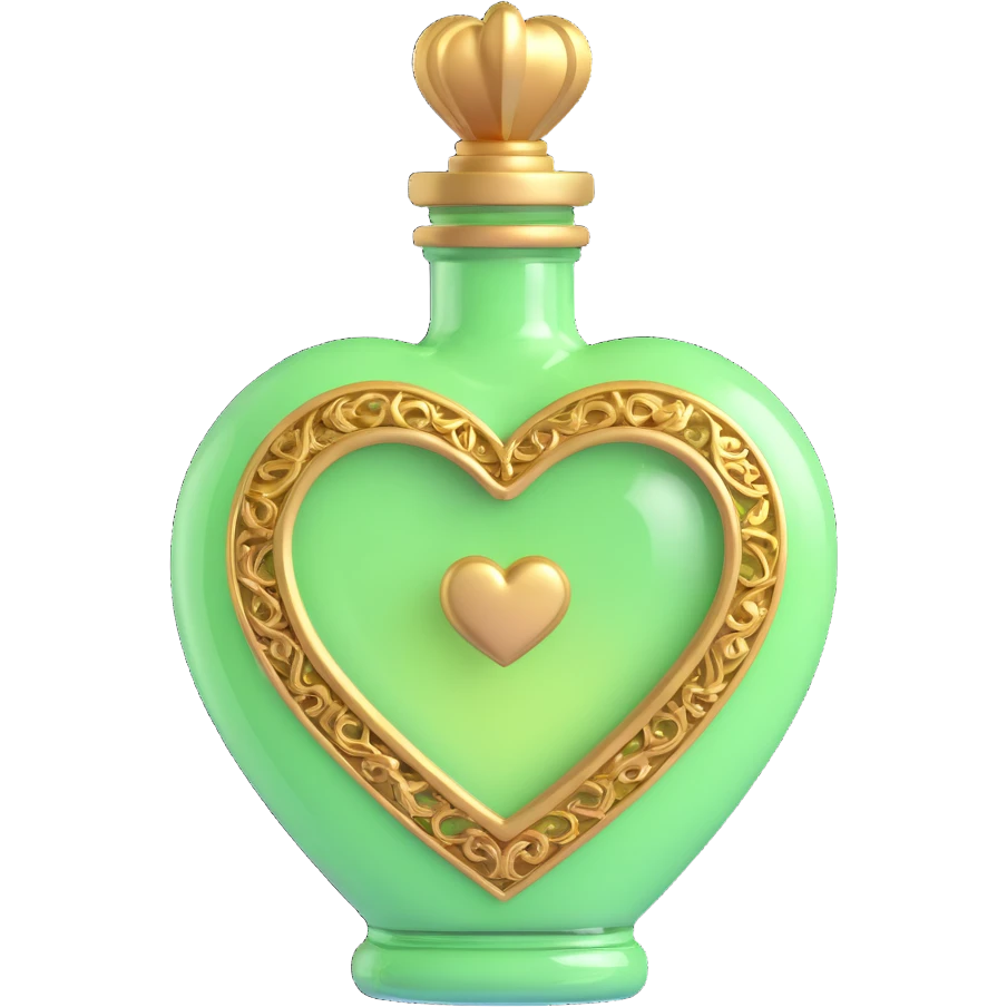 luxurious heart-shaped bottle with golden details, main color light #c0ff53 green, lots of shine, ornaments, magical elixir style, 3D effect emoji