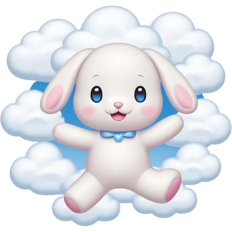 Cinnamon roll from sanrio dancing in the clouds that looks just like him from the cartoon blue eyes pink cheeks white body and filled with cuteness emoji