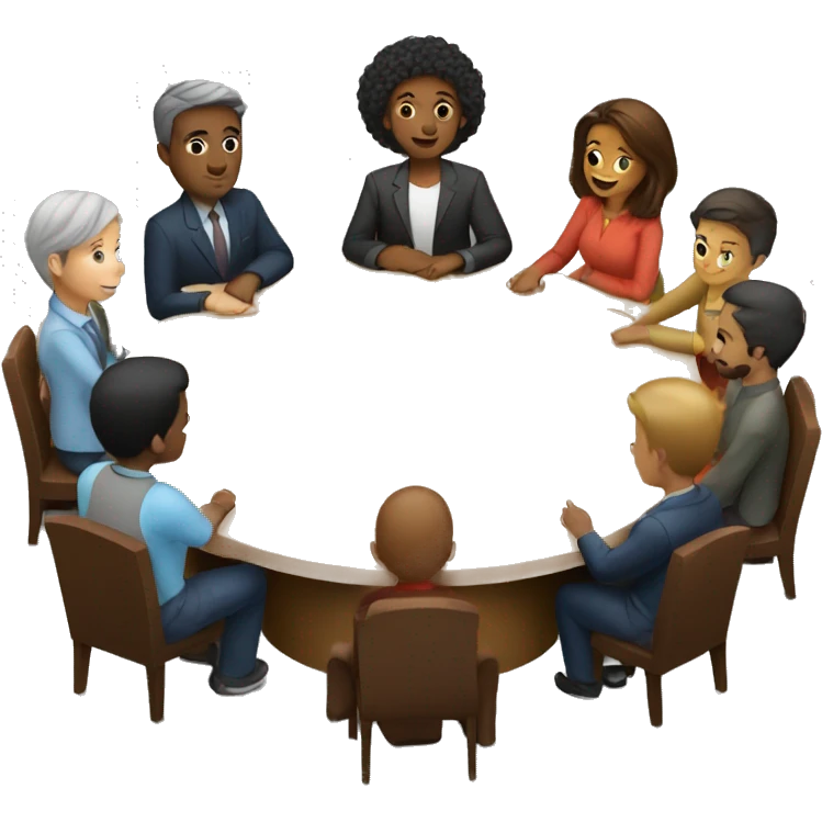 A round table with people sitting around it. They should be diverse in race and hair style emoji